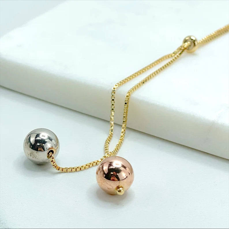 18k Gold Filled 1.2mm Box Chain Three Tone Adjustable 30 inches Necklace Two Tone Balls