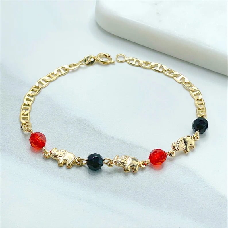 18k Gold Filled 4mm Mariner Link, Elephants, Red and Black, Charms Bracelet, Lucky & Protection