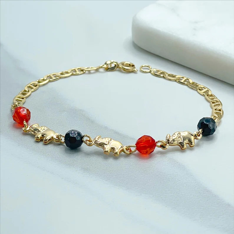 18k Gold Filled 4mm Mariner Link, Elephants, Red and Black, Charms Bracelet, Lucky & Protection