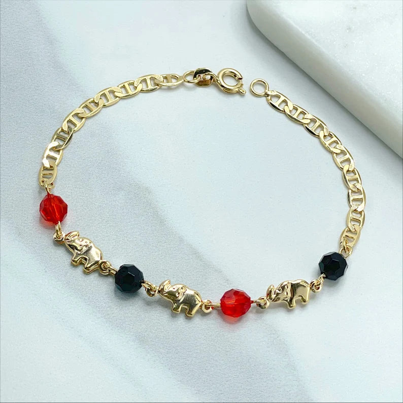 18k Gold Filled 4mm Mariner Link, Elephants, Red and Black, Charms Bracelet, Lucky & Protection