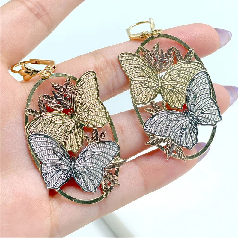 18k Gold Filled Three Tone Butterfly Shape Earrings, Cutie Vintage Earrings