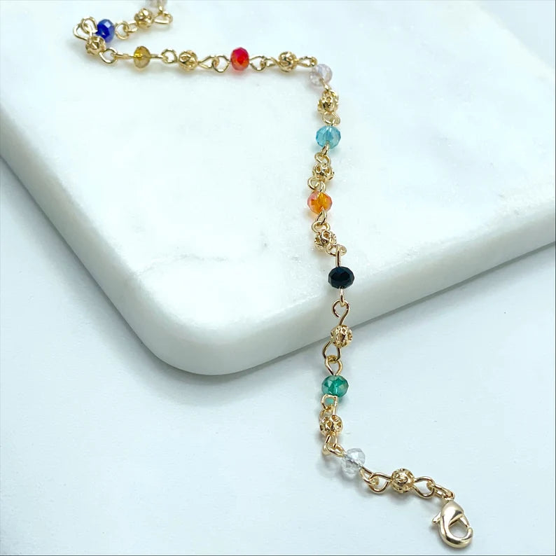 18k Gold Filled 3mm Colored Acrylic and Gold Beads Linked Bracelet with extender
