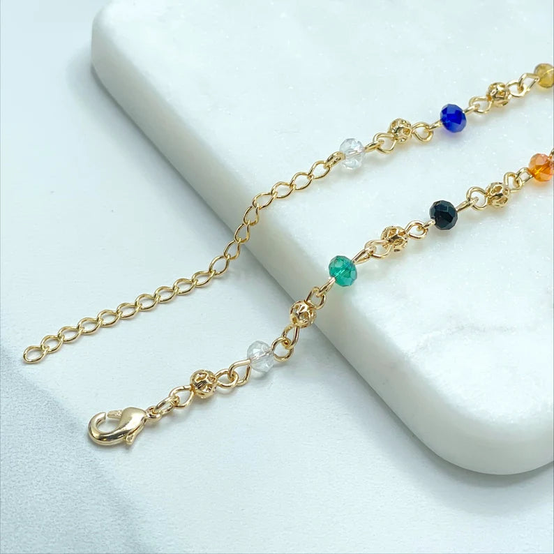 18k Gold Filled 3mm Colored Acrylic and Gold Beads Linked Bracelet with extender