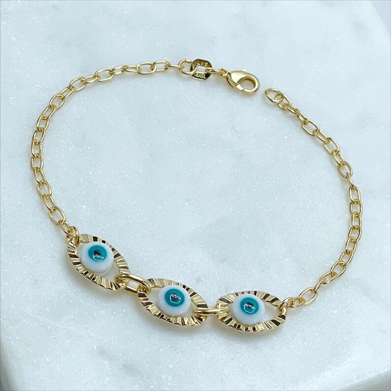 18k Gold Filled 2mm Cable Link Chain, Bracelet with Greek Eye, Blue Evil Eyes Bracelet