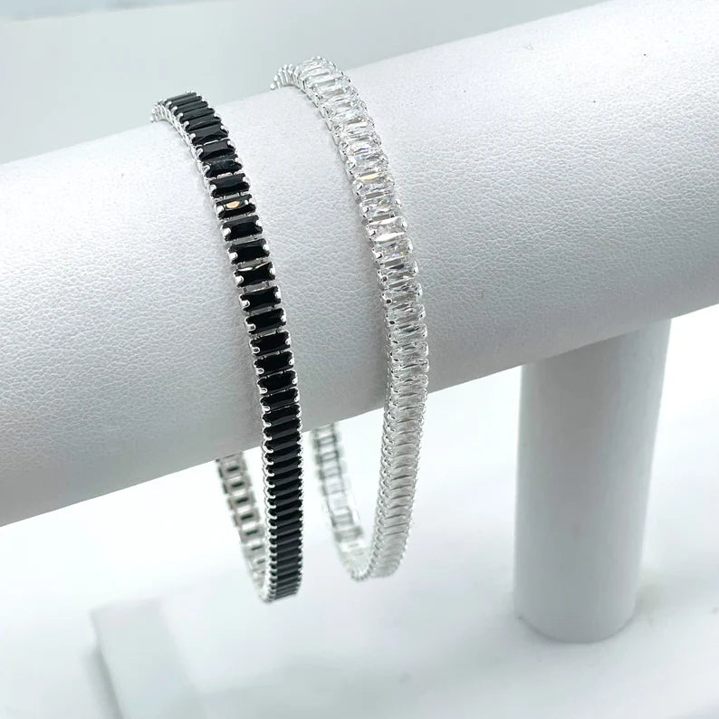 Silver Filled 4mm Thickness Baguette Bracelet in Black Cubic Zirconia or Clear Cubic Zirconia
