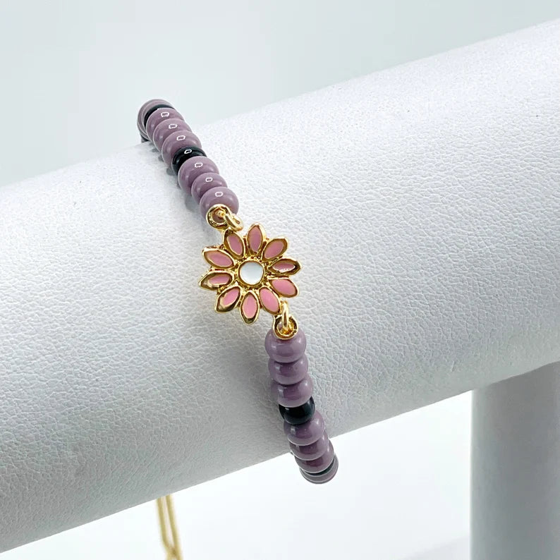 18k Gold Filled Purple, Lilac Beads & Pink Enamel Flower Charm Adjustable Bracelet