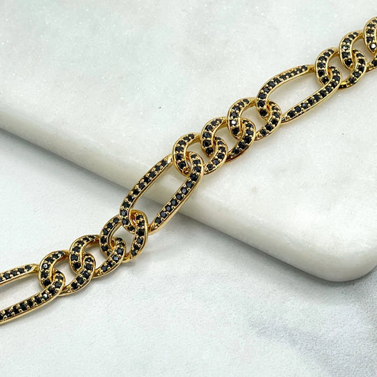 18k Gold Filled 10mm Figaro Chain with Black Micro Cubic Zirconia Linked Bracelet