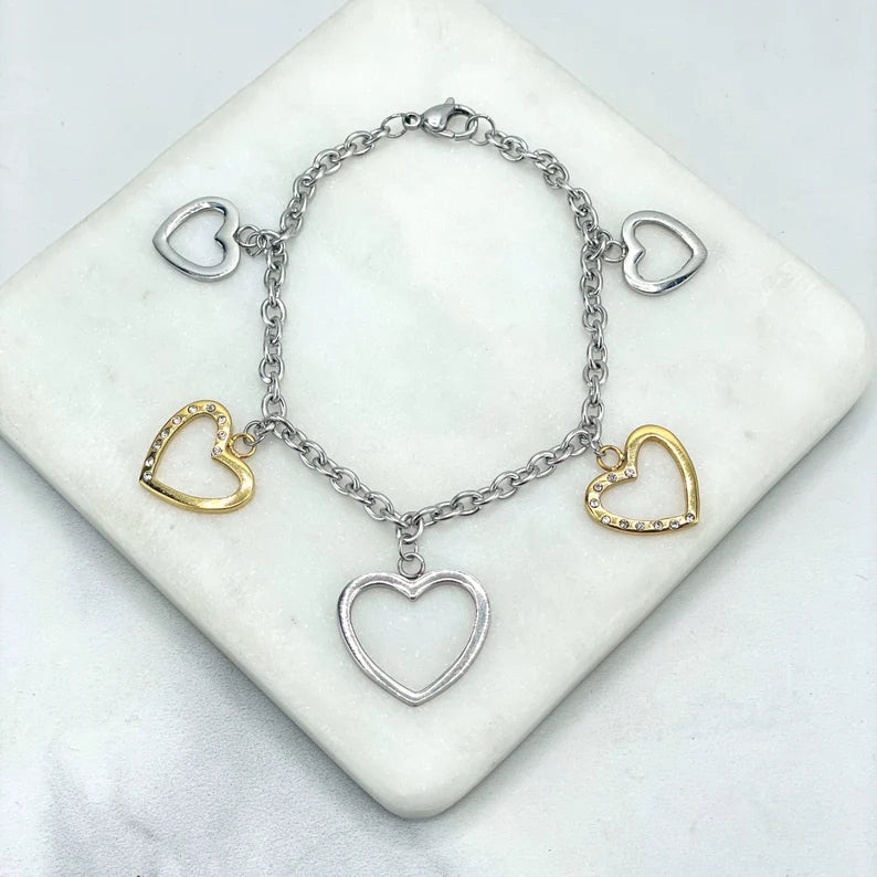 Silver Filled Two Tone Bracelets, with Cubic Zirconia Details, Hearts Charms or Circles Charms, Wholesale
