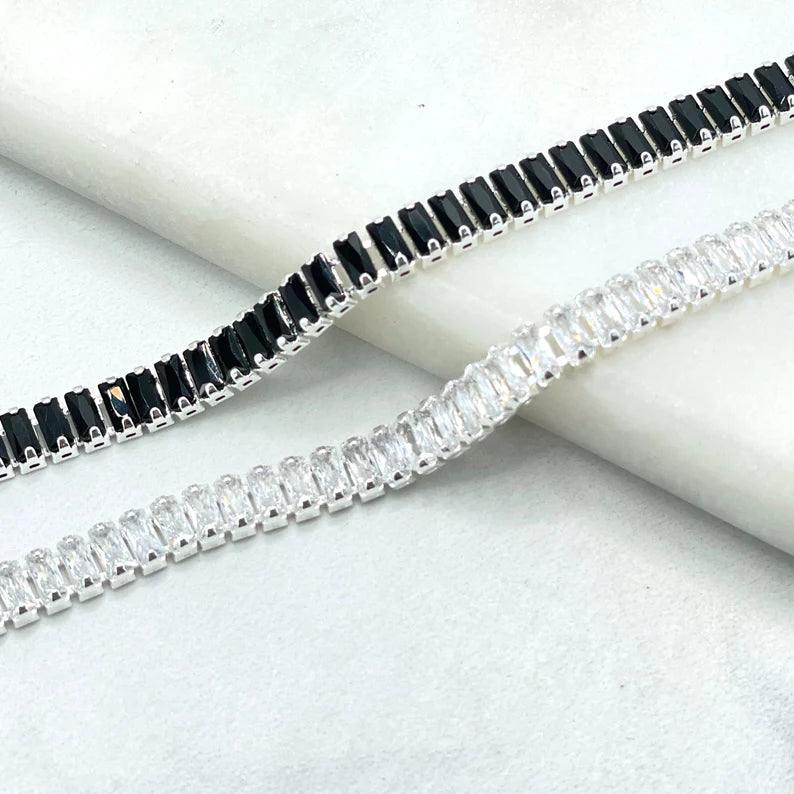 Silver Filled 4mm Thickness Baguette Bracelet in Black Cubic Zirconia or Clear Cubic Zirconia