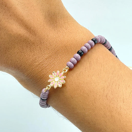 18k Gold Filled Purple, Lilac Beads & Pink Enamel Flower Charm Adjustable Bracelet
