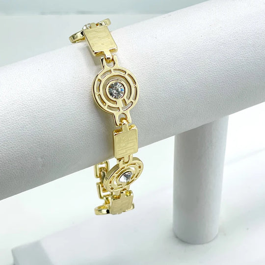 18k Gold Filled Clear Cubic Zirconia Circles and Rectangles Greek Key Links, Linked Bracelet, Wholesale Jewelry Making Supplies