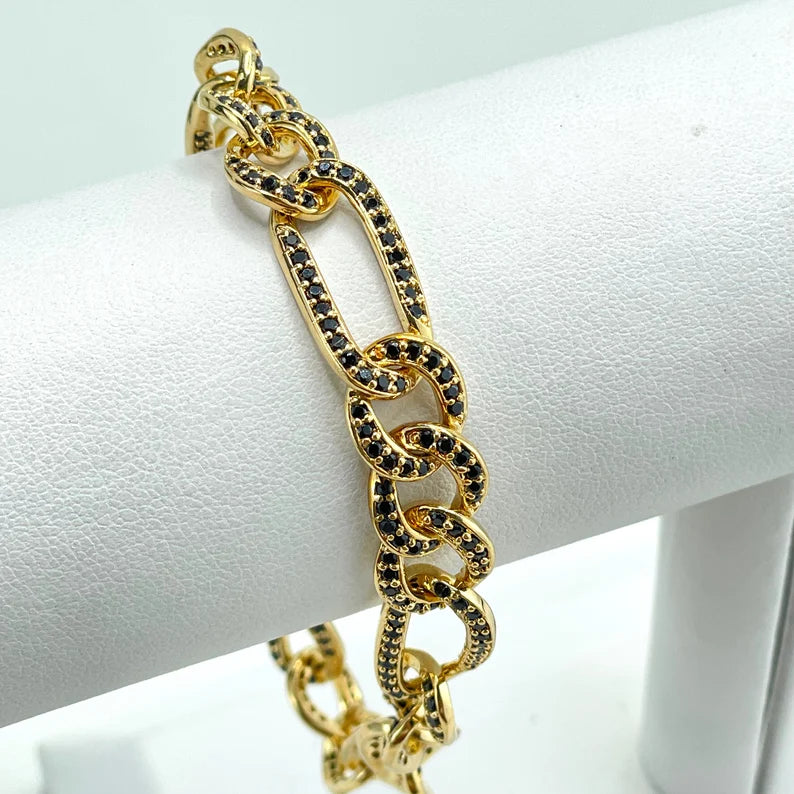 18k Gold Filled 10mm Figaro Chain with Black Micro Cubic Zirconia Linked Bracelet