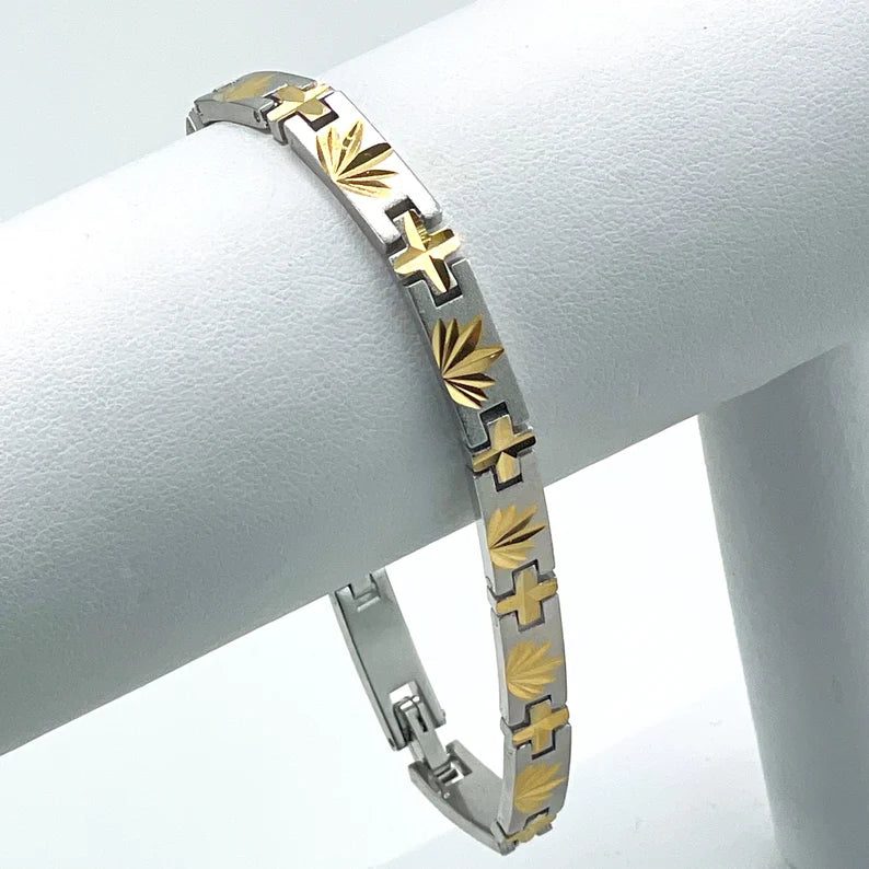 Stainless Steel 10mm Two Tone Woman Cross and Leaves Shape Linked Bracelet