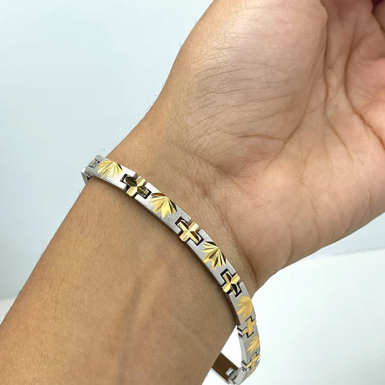 Stainless Steel 10mm Two Tone Woman Cross and Leaves Shape Linked Bracelet
