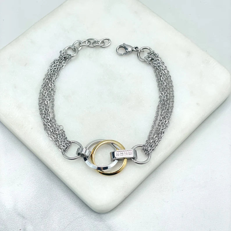 Silver Filled Two Tone Bracelets, with Cubic Zirconia Details, Hearts Charms or Circles Charms, Wholesale
