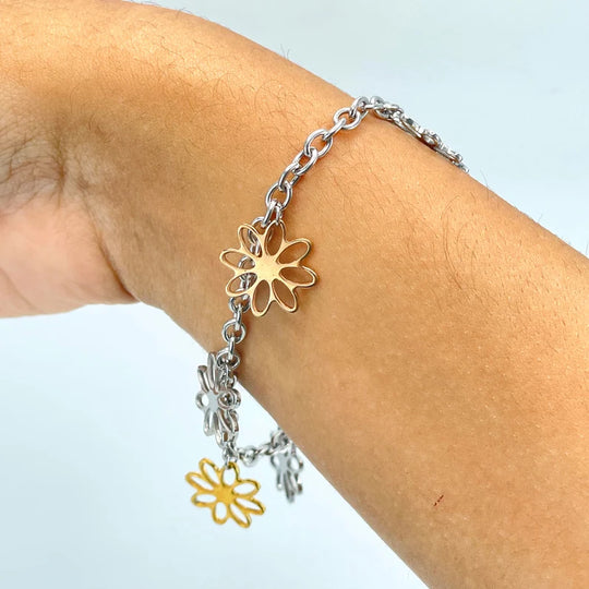 Silver Filled 4mm Rolo Chain Three Tone Bracelet with Dangle Cutout Flower Charms