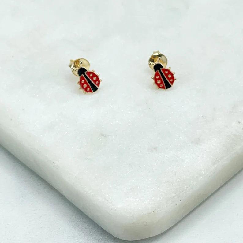 18k Gold Filled Cute Petite Ladybug Tiny Stud Girls Earrings, Red and Black Enamel
