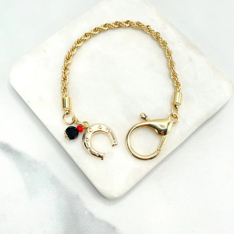 18k Gold Filled 3mm Rope Chain with Simulated Azabache & Horseshoe Large Lobster Claw Bracelet
