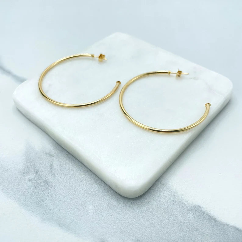 18k Gold Filled 2mm Thickness 50mm Hoops Earrings, Classic Large Hoops