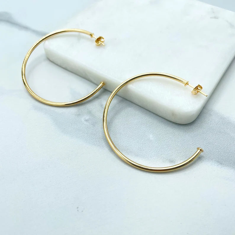18k Gold Filled 2mm Thickness 50mm Hoops Earrings, Classic Large Hoops