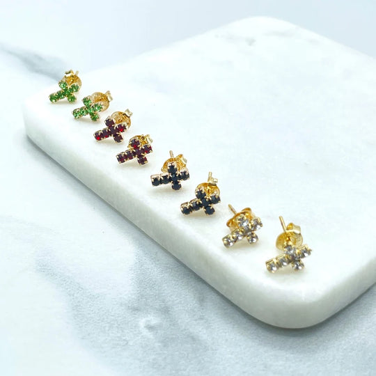 18k Gold Filled Cubic Zirconia Cross Stud Earrings in White, Red, Green or Black