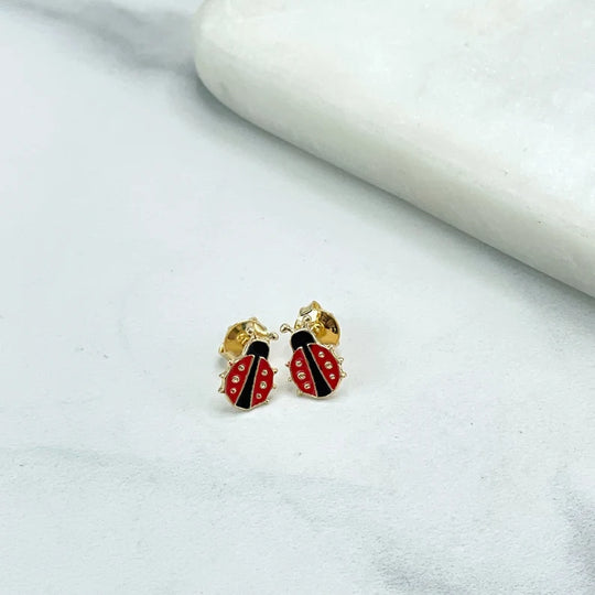 18k Gold Filled Cute Petite Ladybug Tiny Stud Girls Earrings, Red and Black Enamel