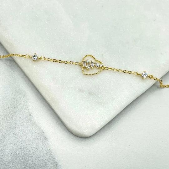 18k Gold Filled Clear Cubic Zirconia Details Cutout Heart Charm, 1mm Rolo Chain Bracelet with Extender, Wholesale