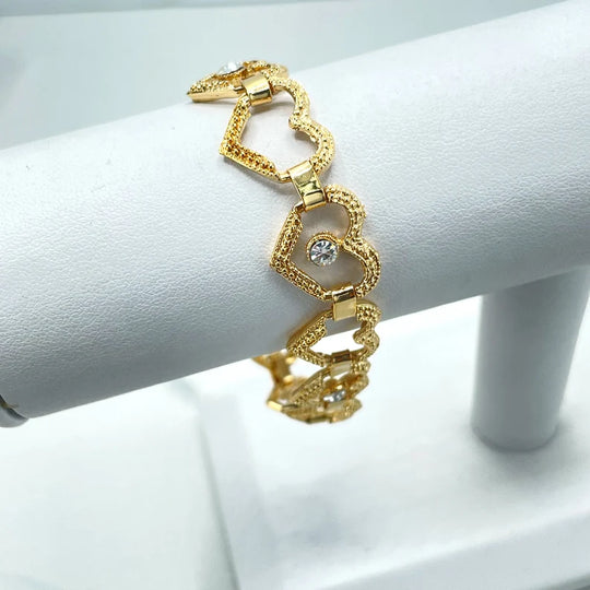 18k Gold Filled Clear Cubic Zirconia Details, Texturized Cutout Hearts Linked Bracelet, Wholesale