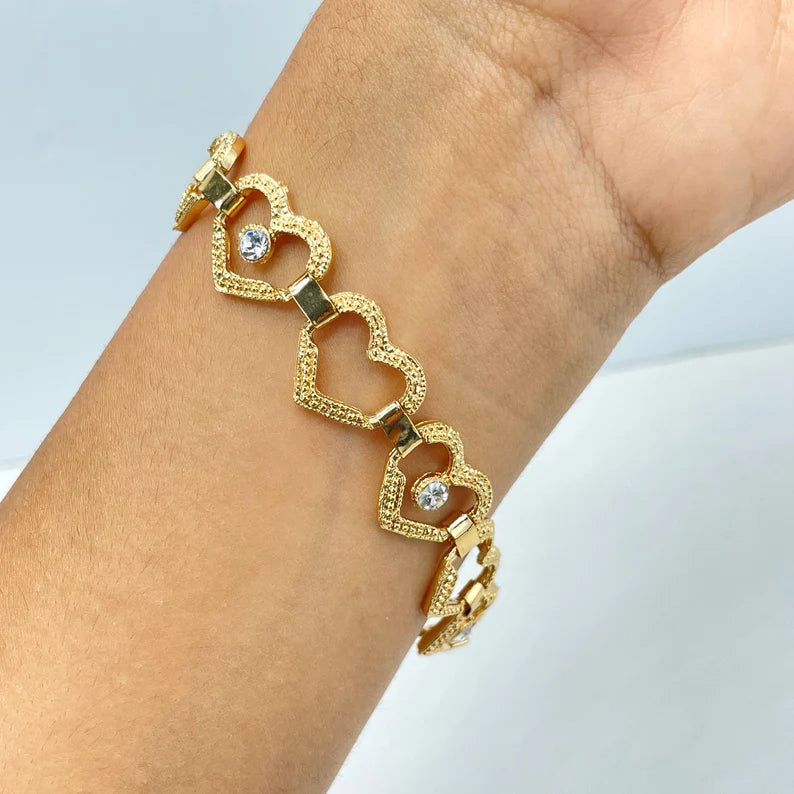 18k Gold Filled Clear Cubic Zirconia Details, Texturized Cutout Hearts Linked Bracelet, Wholesale