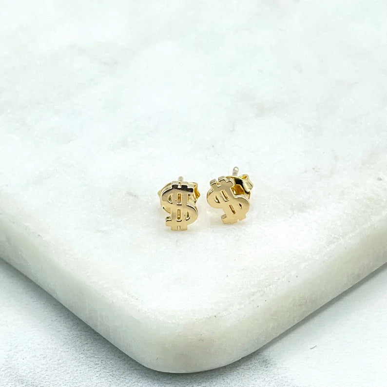 18k Gold Filled Petite Dollar Money Sign Symbol Shape Stud Earrings