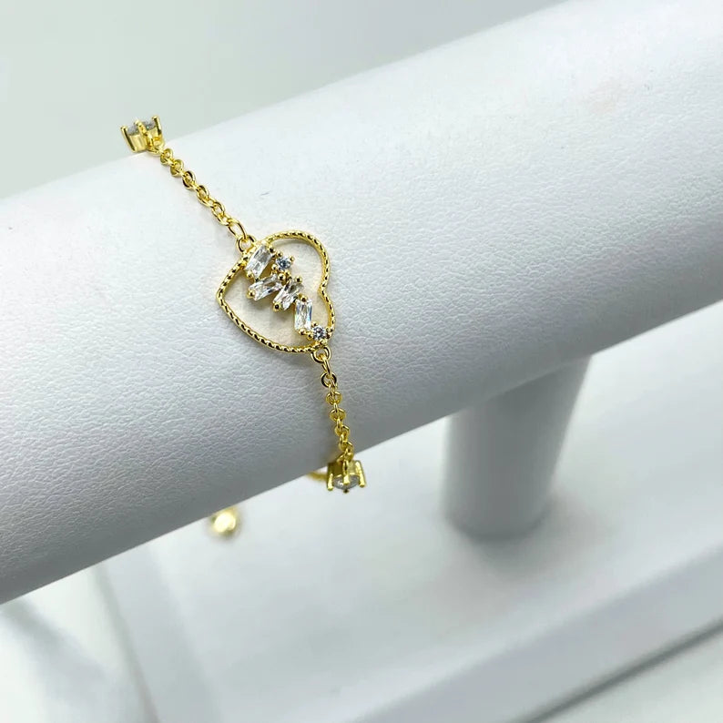 18k Gold Filled Clear Cubic Zirconia Details Cutout Heart Charm, 1mm Rolo Chain Bracelet with Extender, Wholesale