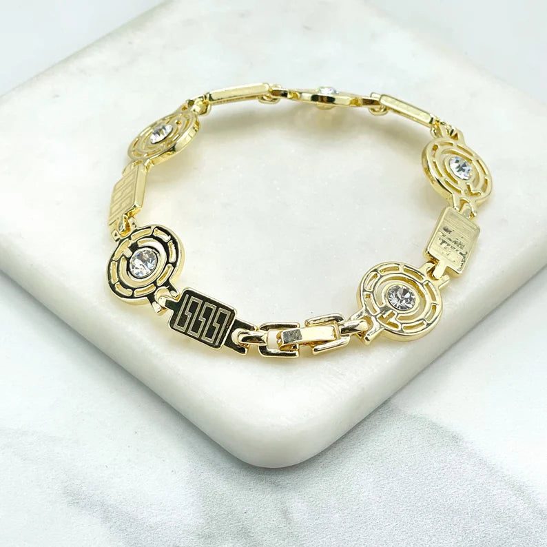 18k Gold Filled Clear Cubic Zirconia Circles and Rectangles Greek Key Links, Linked Bracelet, Wholesale Jewelry Making Supplies