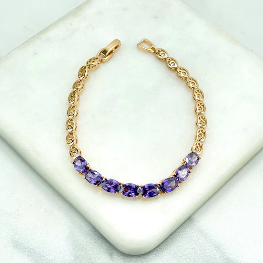 18k Gold Filled Purple Lilac Cubic Zirconia Front Linked Bracelet