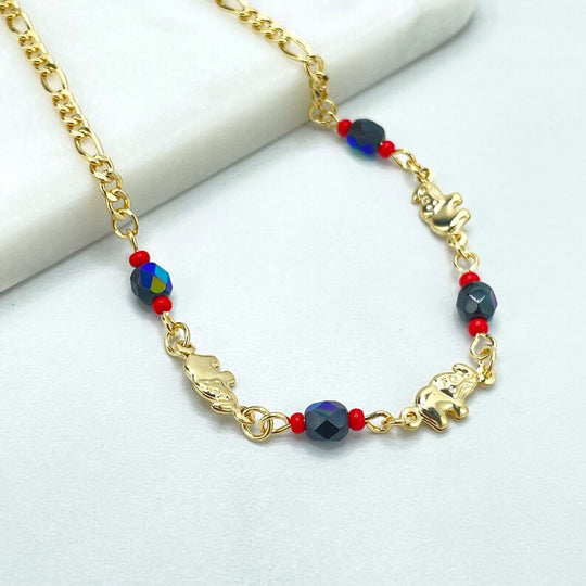 18k Gold Filled 3mm Figaro Chain, Red and Black Beads, Simulated Azabache, Puff Elephants Charms Linked Anklet, Wholesale