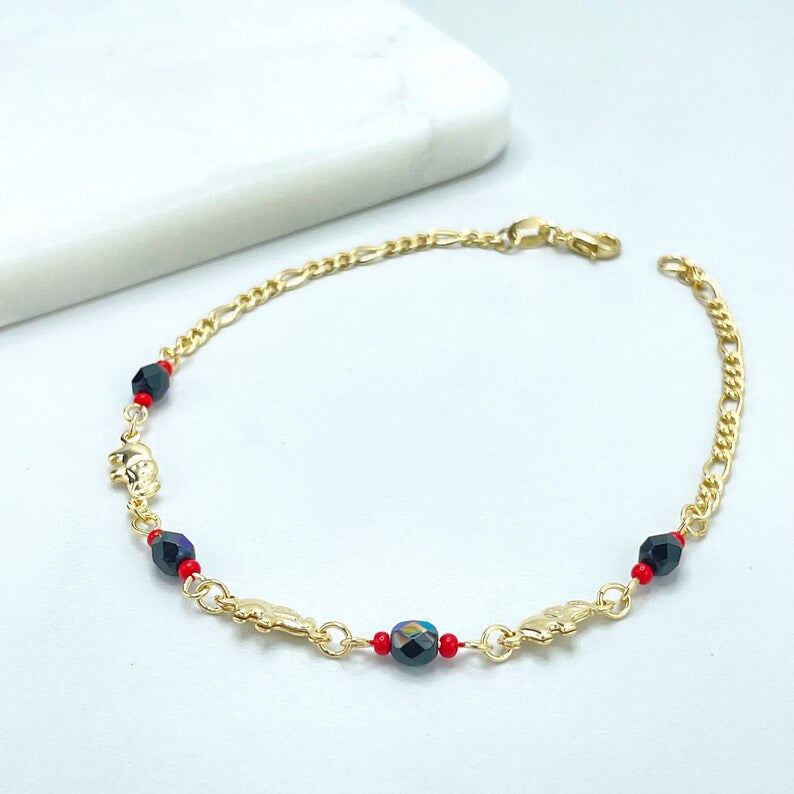 18k Gold Filled 3mm Figaro Chain, Red and Black Beads, Simulated Azabache, Puff Elephants Charms Linked Anklet, Wholesale