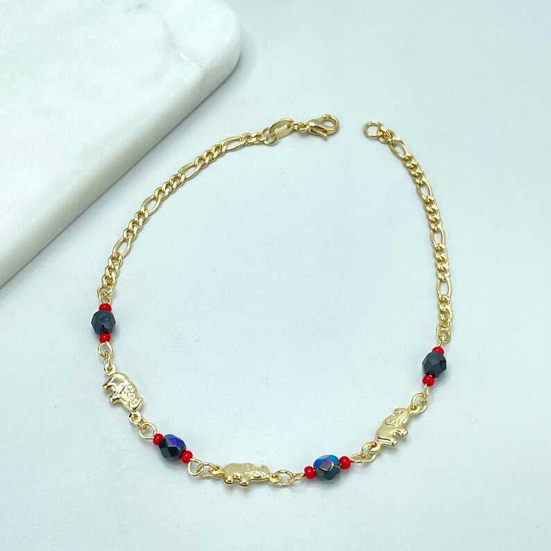 18k Gold Filled 3mm Figaro Chain, Red and Black Beads, Simulated Azabache, Puff Elephants Charms Linked Anklet, Wholesale