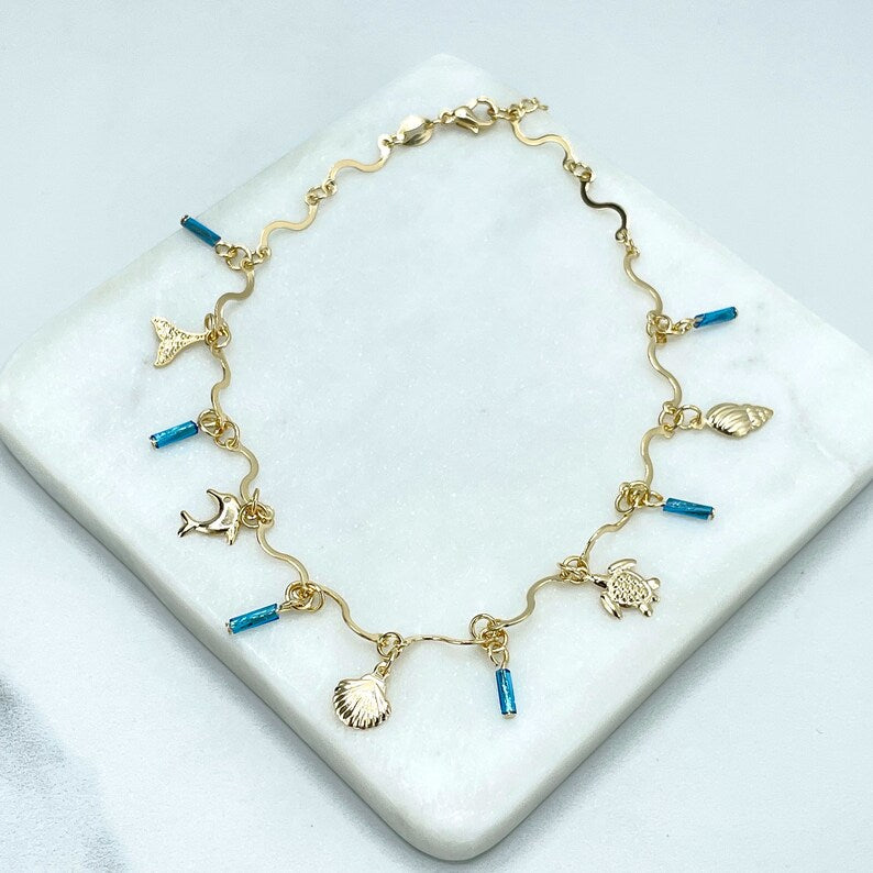18k Gold Filled Specially Chain, Blue Tubular Beads, Shell, Turtles, Dolphin, Wail Tail Dangle Charms Linked Anklet