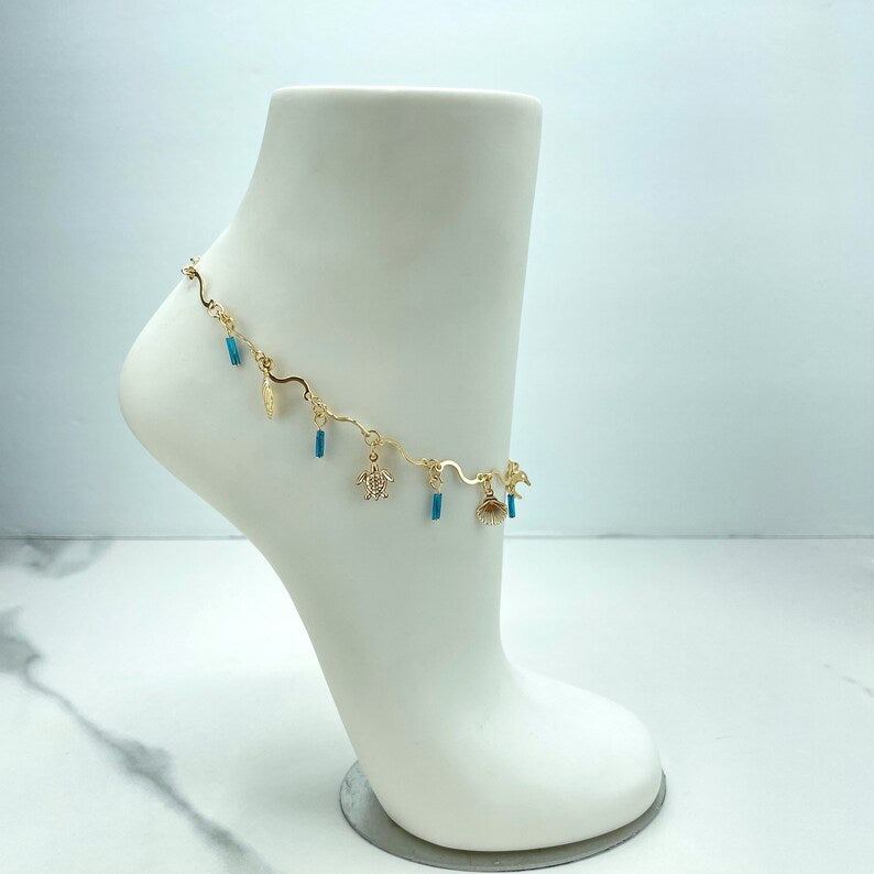 18k Gold Filled Specially Chain, Blue Tubular Beads, Shell, Turtles, Dolphin, Wail Tail Dangle Charms Linked Anklet
