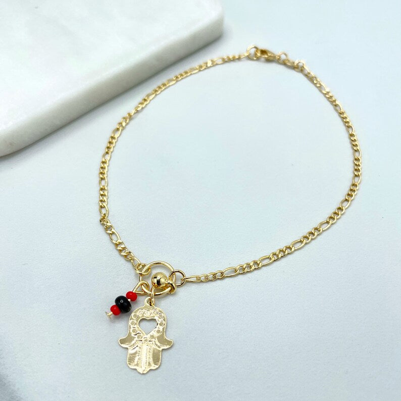 18k Gold Filled Figaro Chain, Red and Black Beads,Heart Cutout Hamsa Hand Charms Anklet