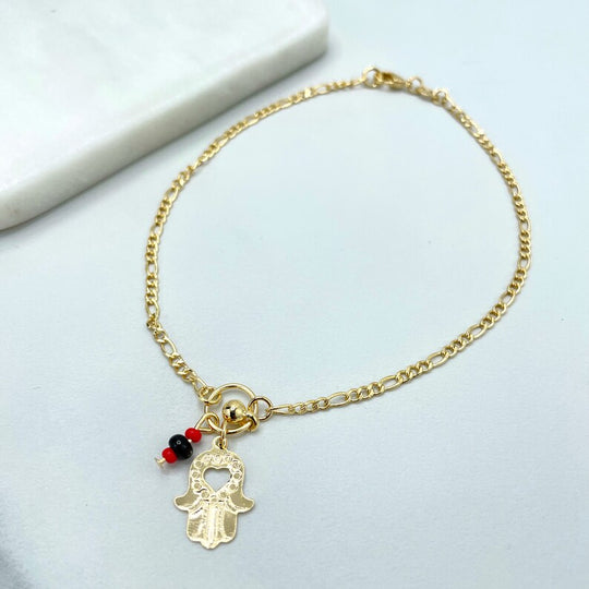 18k Gold Filled Figaro Chain, Red and Black Beads,Heart Cutout Hamsa Hand Charms Anklet