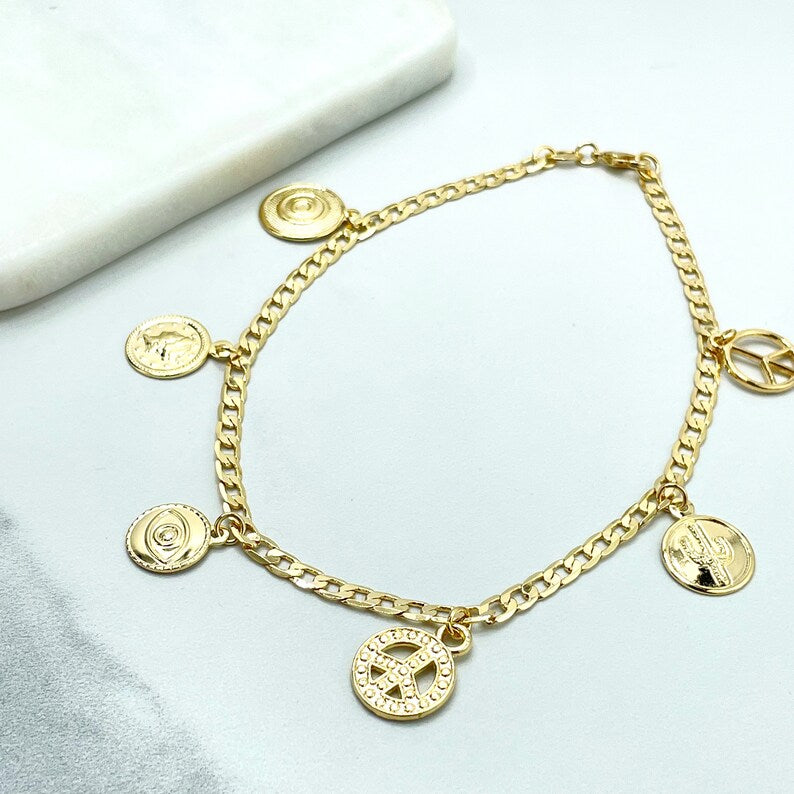 18k Gold Filled 4mm Flat Curb Link, Evil Eye, Peace, Cactus, Coins Medals Dangle Charms Anklet, Wholesale