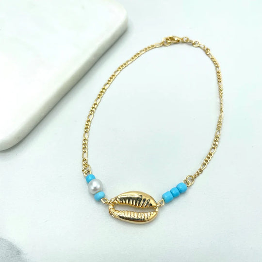 18k Gold Filled Figaro Chain with White &Light Blue Beads, Gold Shell Linked Tropical Beach Anklet