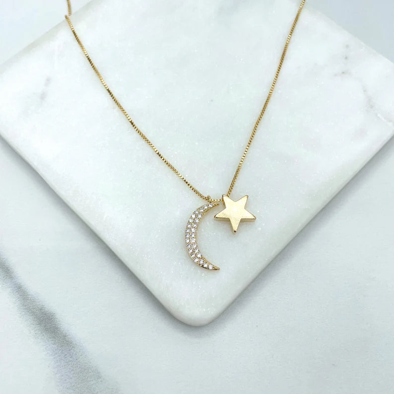 18k Gold Filled 1mm Box Chain and Clear Micro Cubic Zirconia Half Moon & Polished Star Charm Necklace, Wholesale