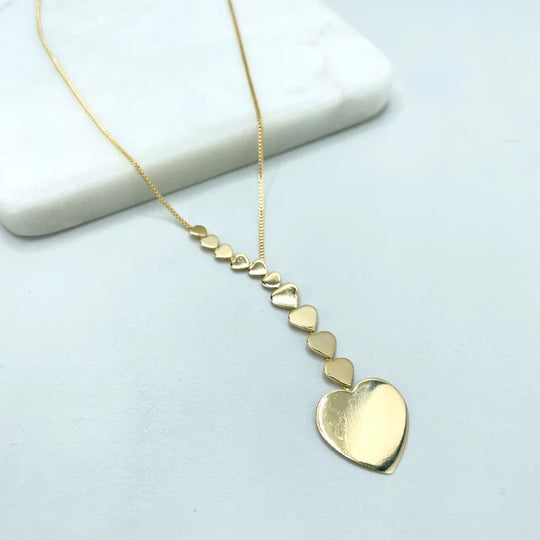 18k Gold Filled 1mm Box Chain with growing Hearts Sidead and Large Heart Charm
