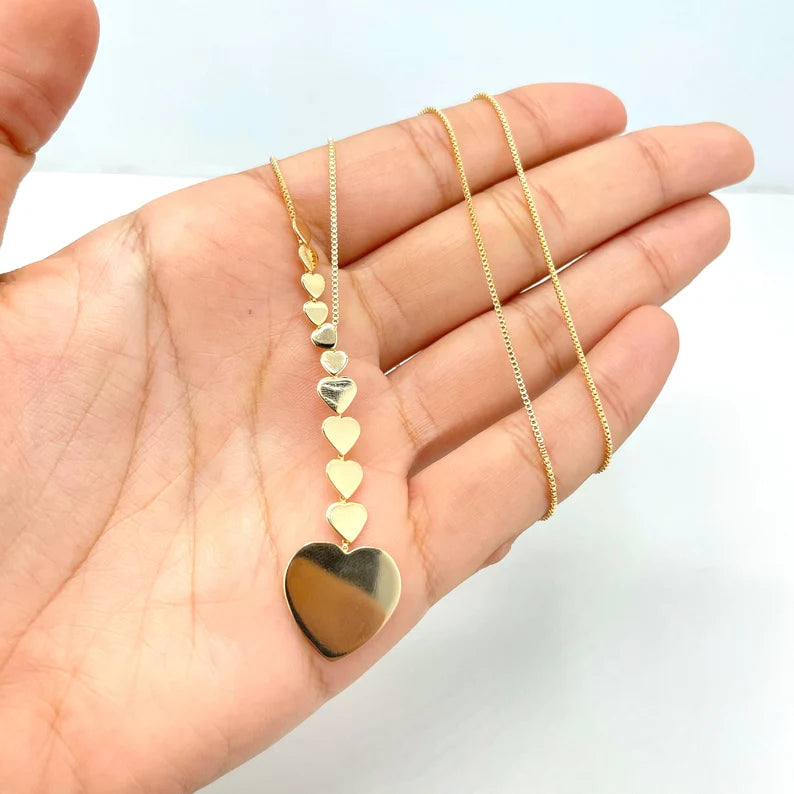 18k Gold Filled 1mm Box Chain with growing Hearts Sidead and Large Heart Charm