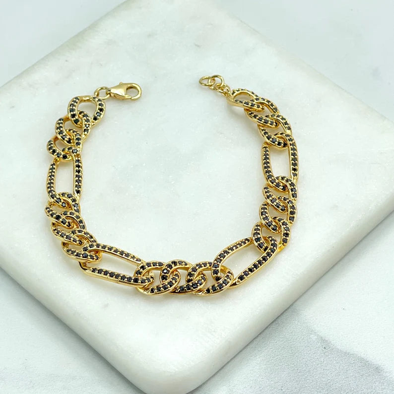 18k Gold Filled 10mm Figaro Chain with Black Micro Cubic Zirconia Linked Bracelet