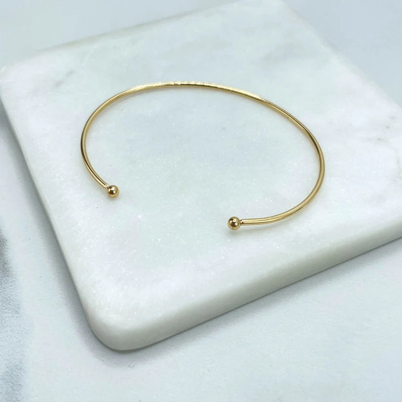 18k Gold Filled Thin Cuff Bracelet with Two Petite Balls, Minimalist Jewelry, Wholesale