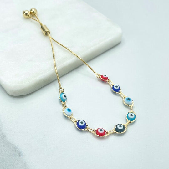 18k Gold Filled 1mm Box Chain with Colored Colorful Enamel Evil Eyes Charms Linked Adjustable Bracelet, Wholesale