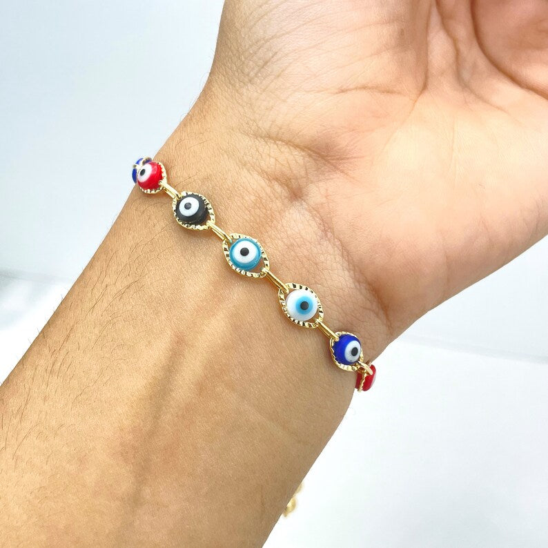 18k Gold Filled 1mm Box Chain with Colored Colorful Enamel Evil Eyes Charms Linked Adjustable Bracelet, Wholesale