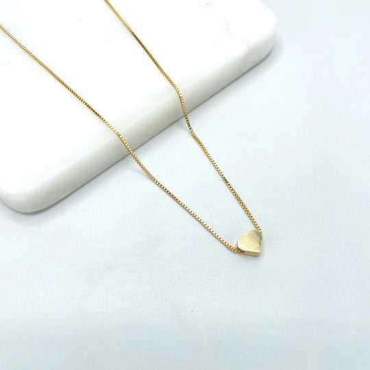 18k Gold Filled 1mm Box Chain with Polished Heart Shape Charm Necklace, Romantic Design, Wholesale